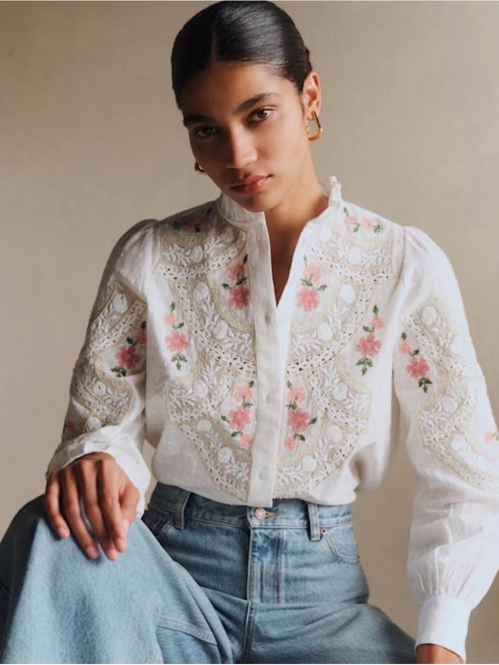 Sezane Maggy Shirt - ecru pink Embroidered shirt Size 2 NWT